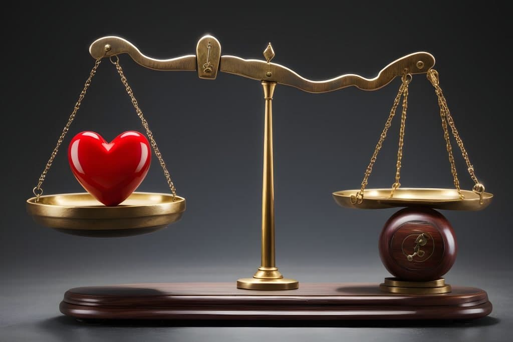 Balanza simbolizando la justicia, con un corazón en un platillo representando emociones y sentimientos, y un documento de corte en el otro, representando la ley y procedimientos judiciales.