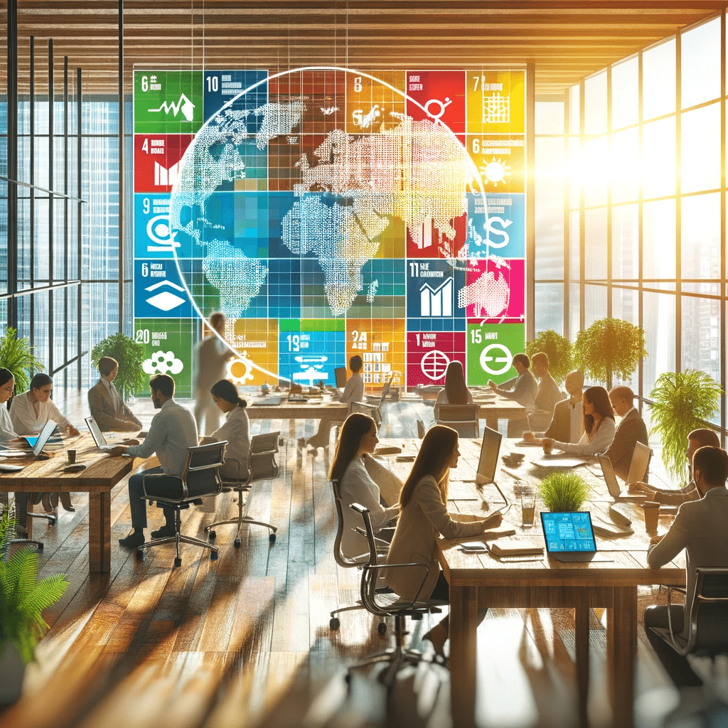 Oficina moderna con empleados diversos trabajando juntos en un entorno lleno de plantas y luz natural, reflejando un clima laboral positivo y sostenible