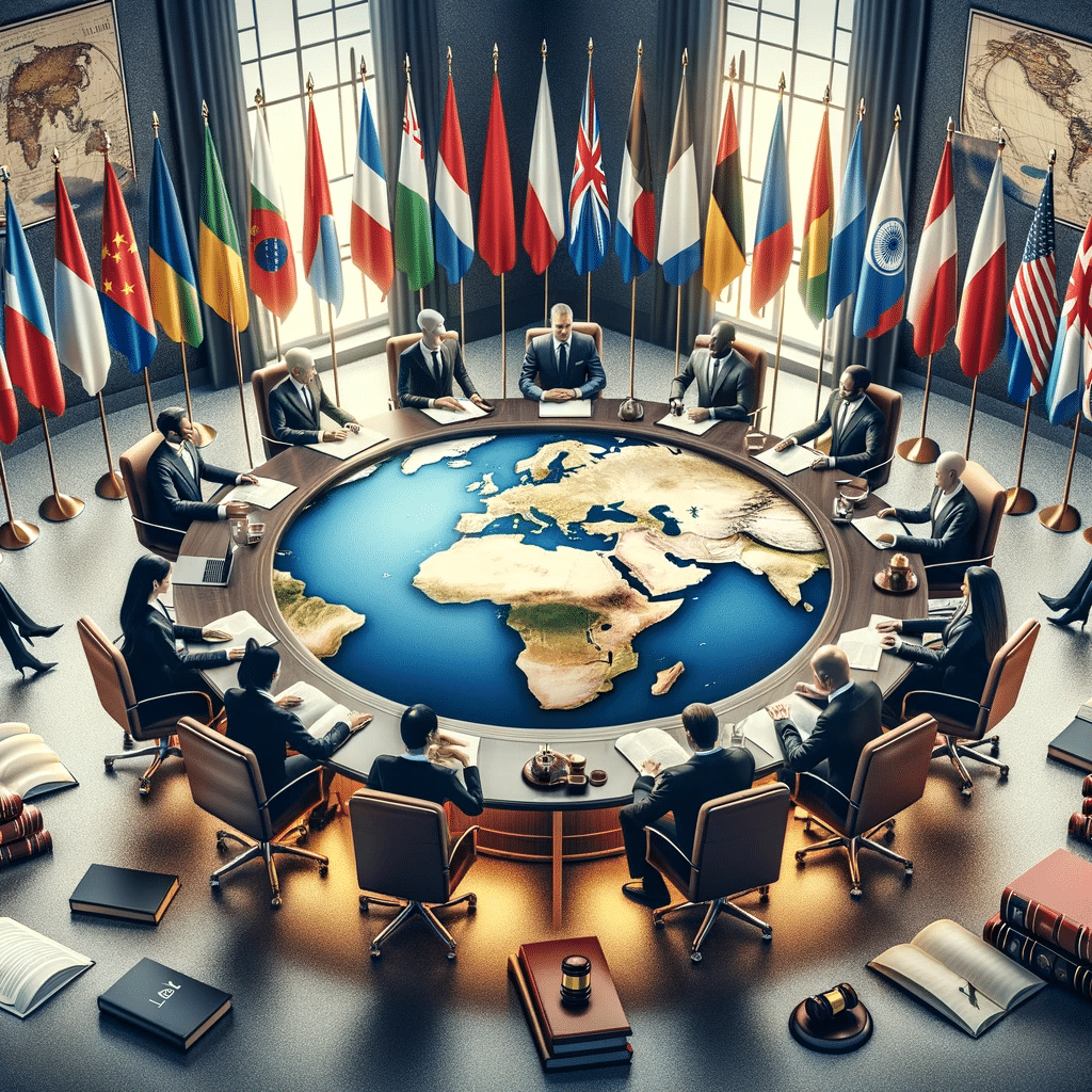 Representación de una mesa redonda de mediación internacional con banderas de varios países, personas de diversas procedencias dialogando, un mapa global y libros de derecho en el fondo.