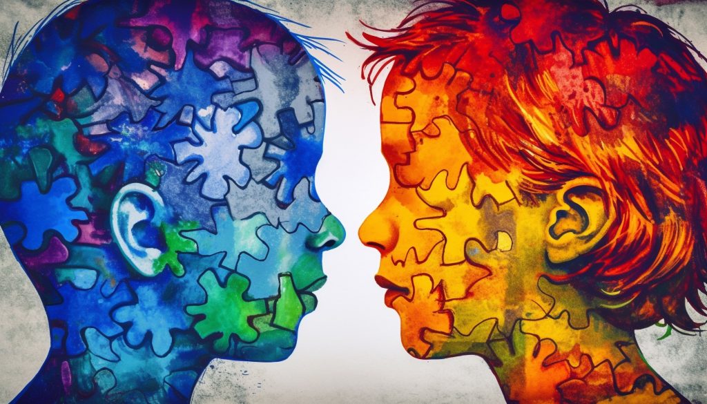 Siluetas de dos cabezas hechas de piezas de rompecabezas en colores vivos, representando la diversidad de perspectivas en la mediación y la unión de ideas para la resolución de conflictos