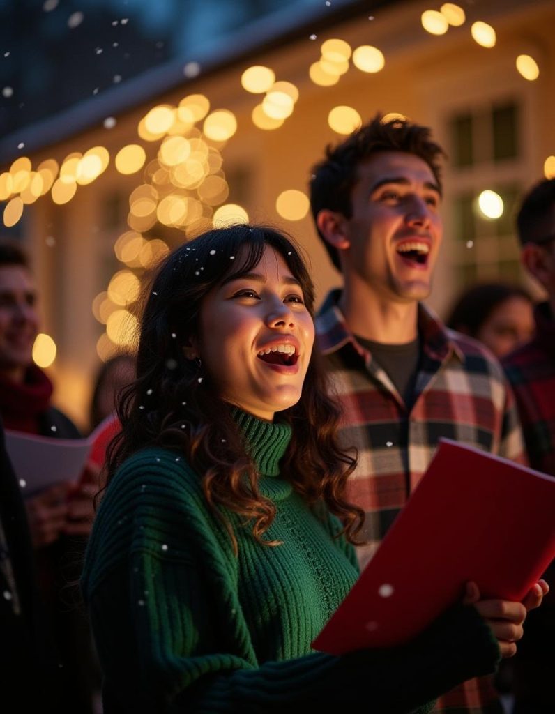 Grupo de personas cantando villancicos al aire libre durante una noche navideña, rodeados de luces cálidas y un ambiente festivo de paz y armonía.