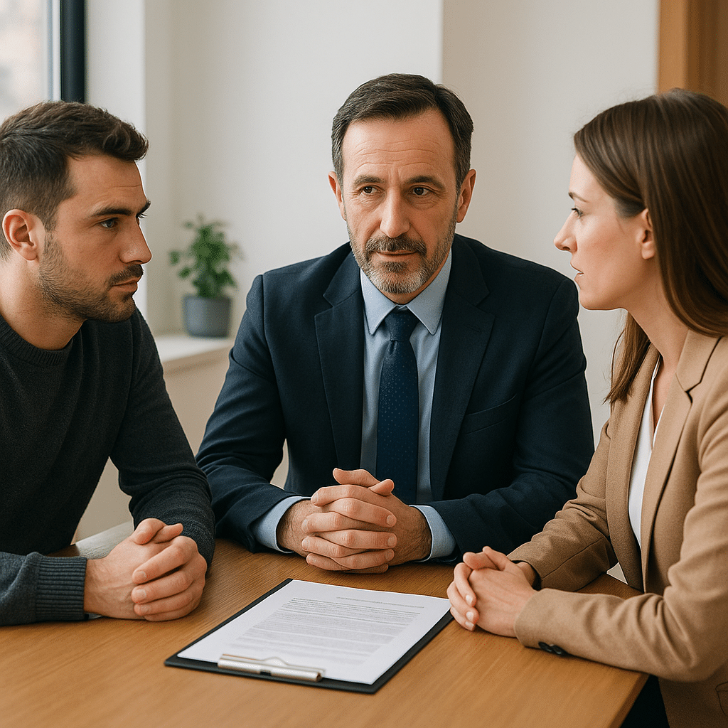 Tres profesionales en una reunión de conciliación en una oficina luminosa, con un conciliador guiando el diálogo entre las partes.