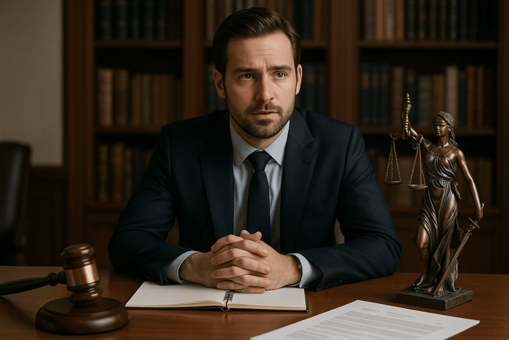 Mediador profesional en despacho jurídico, con toga, estatua de la justicia y documentos sobre la mesa, simbolizando la seriedad y eficacia en los MASC tras la Ley de Eficiencia Procesal.