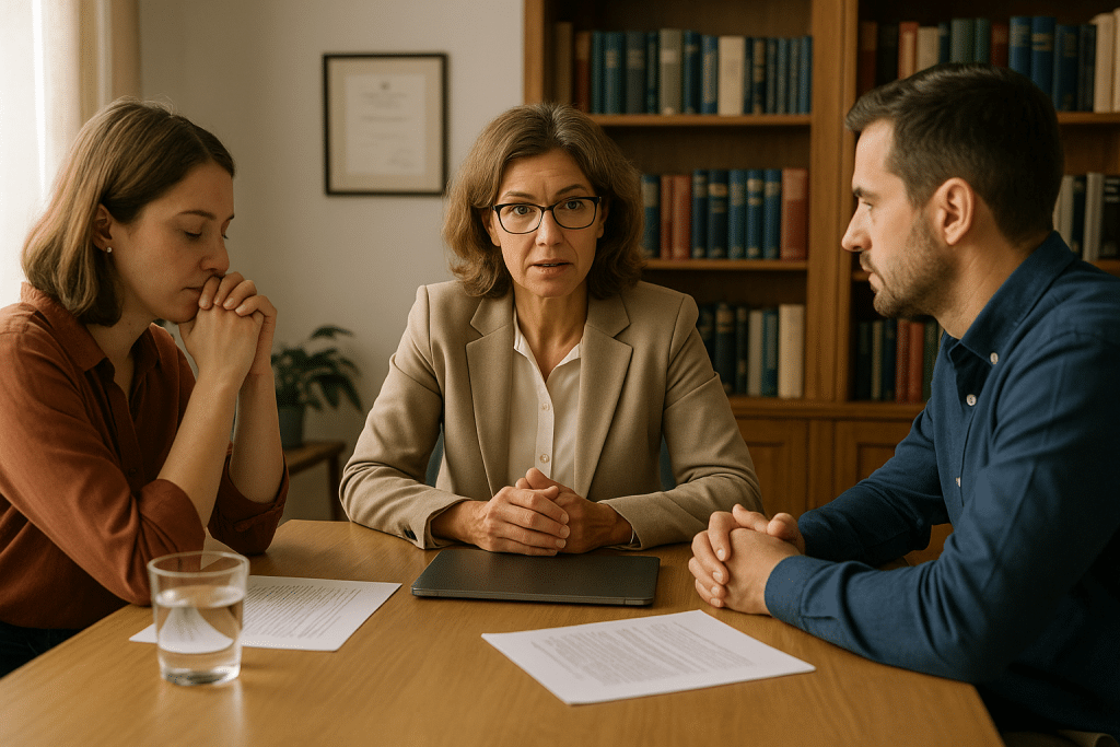 Profesional facilita el diálogo entre dos personas en una sesión de mediación o conciliación privada