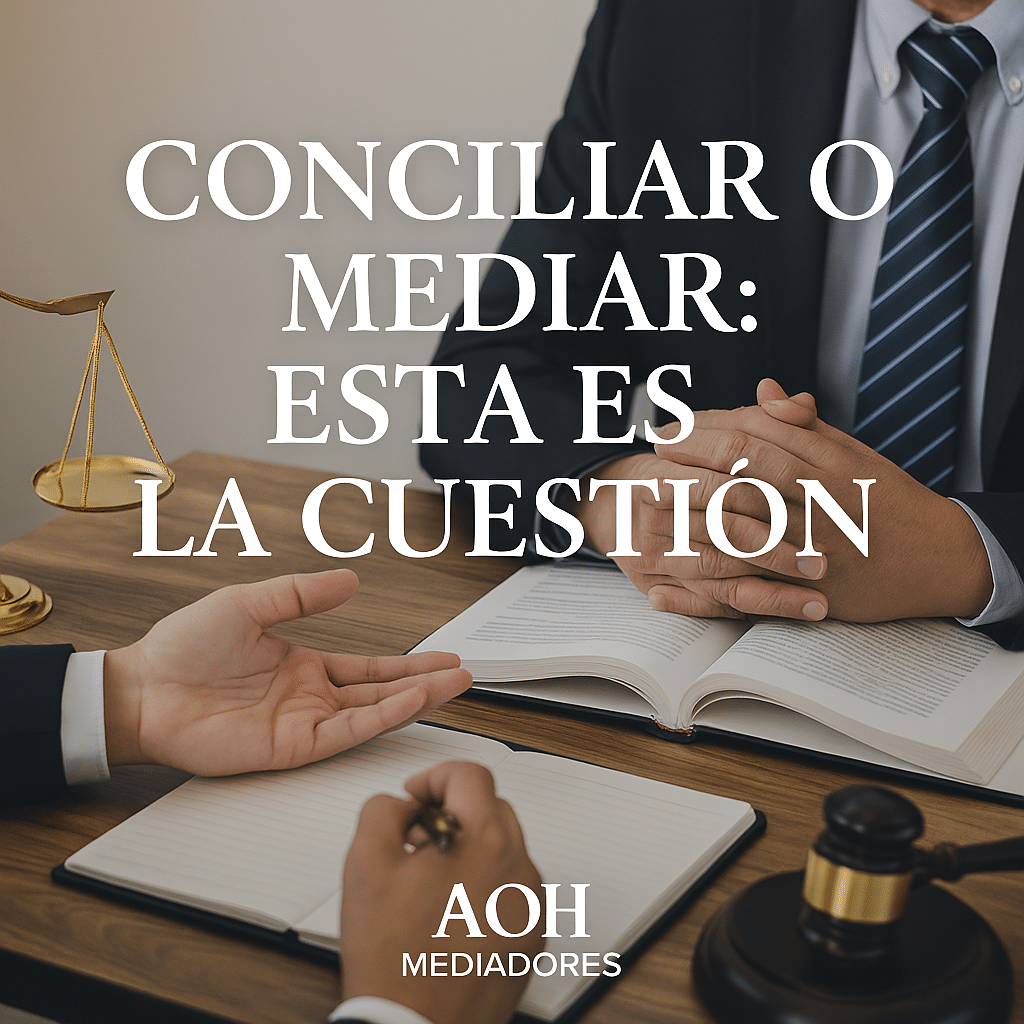 Dos profesionales del ámbito legal conversan sobre opciones de resolución de conflictos, con libros jurídicos, mazo de juez y balanza sobre la mesa, junto al título 'Conciliar o Mediar: esta es la cuestión' y el logotipo de AOH Mediadores.