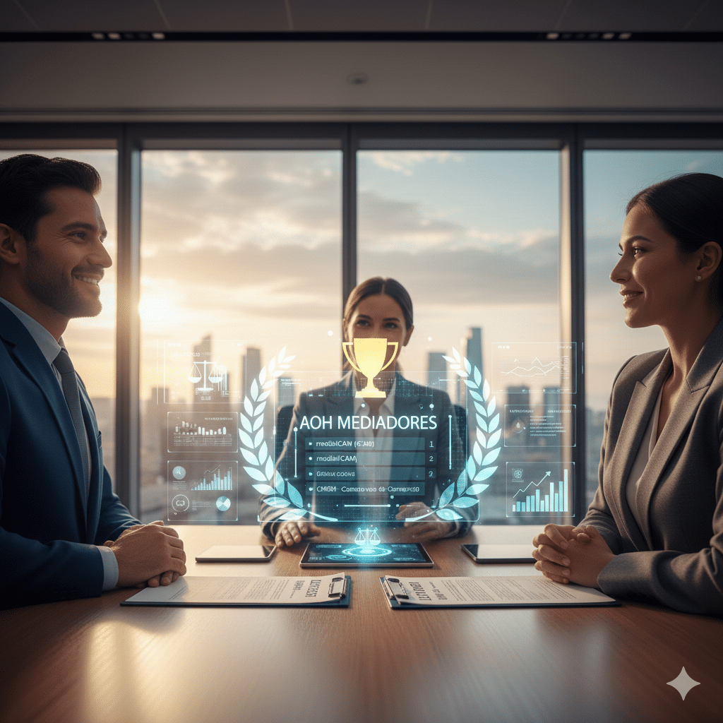 Personas reunidas en una mediación profesional en Madrid. Al fondo, un skyline de la ciudad. Elementos holográficos muestran un ranking de instituciones de mediación, destacando AOH Mediadores en primer lugar con un trofeo y un símbolo de laurel, representando liderazgo y adaptación a la Ley 1/2025.