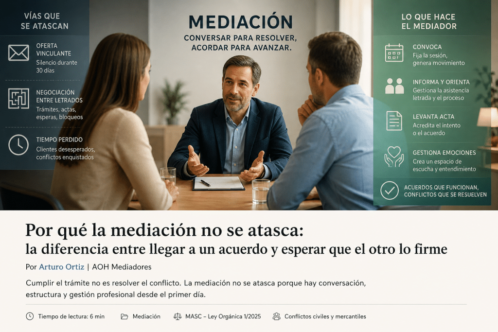 Mediador facilitando un acuerdo entre dos partes en una mesa de mediación profesional