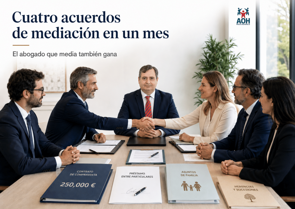 Arturo Ortiz como mediador en una reunión de AOH Mediadores con acuerdos sobre contrato, préstamo, familia y herencias